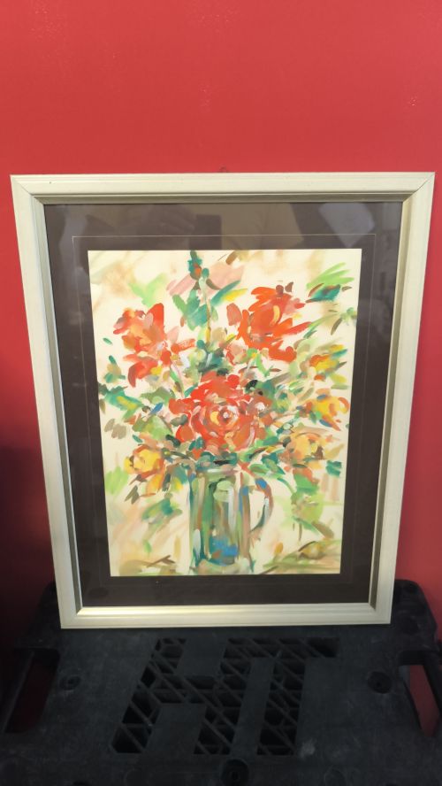 Dipinto olio su cartoncino vaso con fiori su cornice bianca