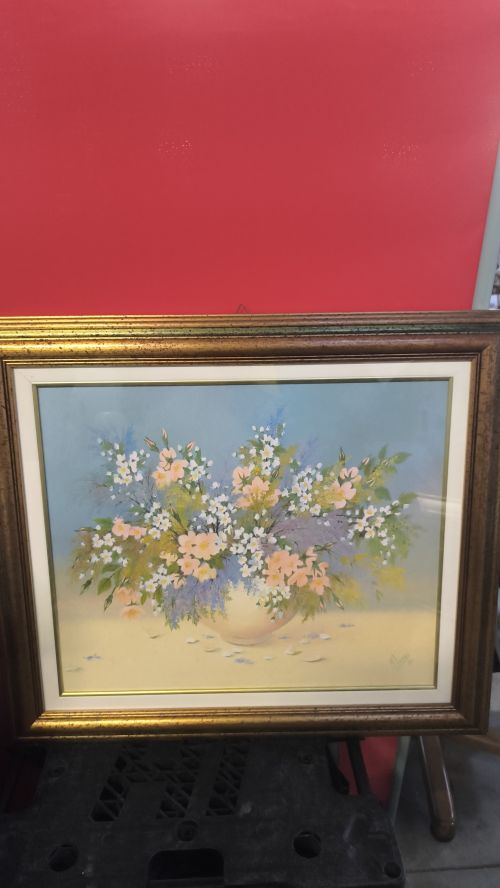 Dipinto olio vaso fiori con cornice dorata