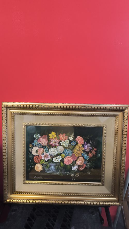 Dipinto olio su tela vaso con fiori con cornice dorata