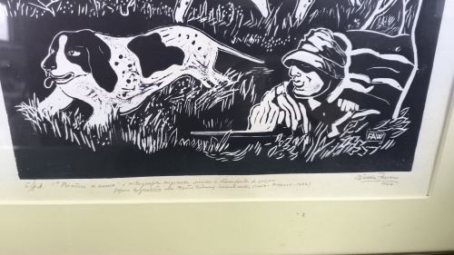 Litografia cacciatore con cani da caccia