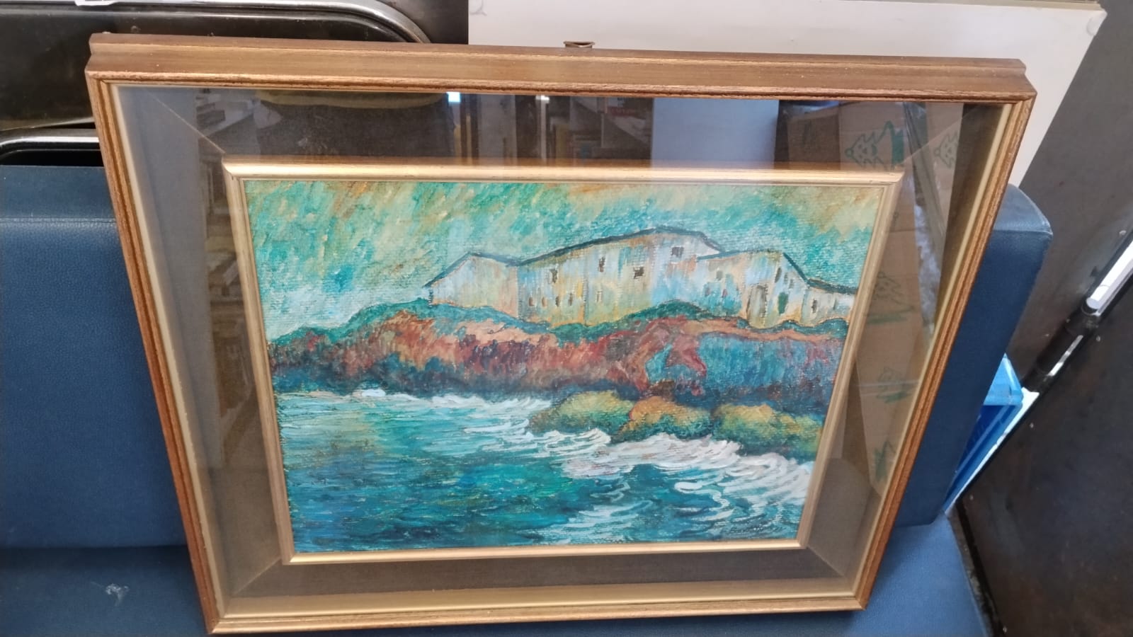 dipinto a olio su tela paesaggio marino  con cornice bianca