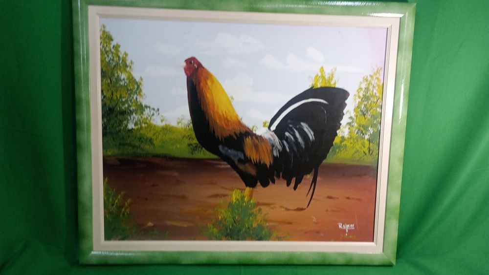 DIPINTO OLIO GALLO SU CORNICE